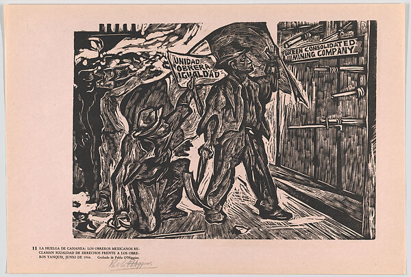 Plate 11: striking workers in June 1906 protesting for equal rights from their American employees, the mining company Green Consolidated, from the portfolio 'Estampas de la revolución Mexicana' (prints of the Mexican Revolution), Pablo Esteban O&#39;Higgins (American, Salt Lake City, Utah 1904–1983 Mexico City), Linocut 