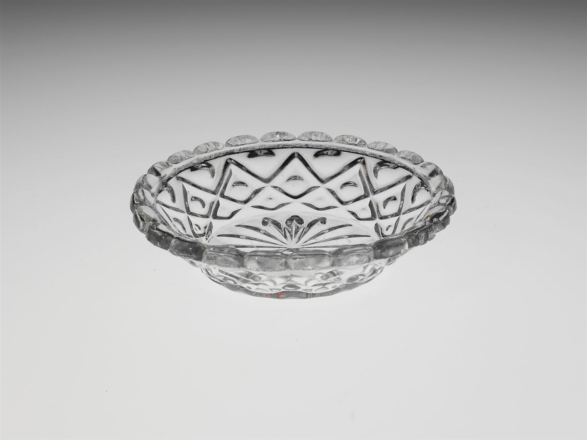 Sauce Dish, Pressed glass, diamond thumbprint, American 