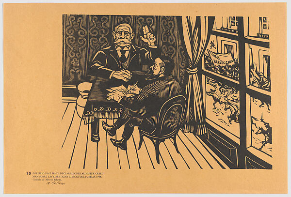 Plate 15: President Porfirio Díaz being interviewed by James Creelman from 'Pearson's Magazine' on the subject of civil liberties in 1908, outside on the street people protest, from the portfolio 'Estampas de la revolución Mexicana' (prints of the Mexican Revolution), Alberto Beltrán (Mexican, Mexico City 1923–2002 Mexico City), Linocut 