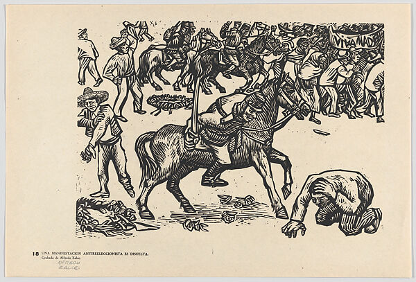 Plate 18: Soldier on horseback about to strike a man on his knees with a sword relating to the dissolution of a pro-Madero demonstration in 1910, from the portfolio 'Estampas de la revolución Mexicana' (prints of the Mexican Revolution), Alfredo Zalce (Mexican, Pátzcuaro, Michoacán 1908–2003 Morelia), Linocut 