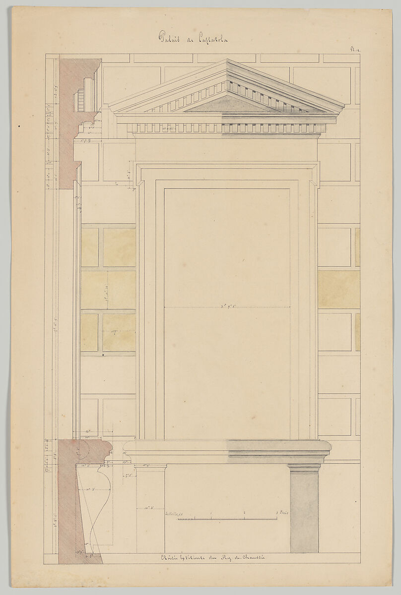 Exterior Window Bay from the Farnese Palace of Caprarola, Preparatory Study for the 'Oeuvres Complètes de Jacques Barozzi de Vignole', François Debret (French, Paris 1777–1850 Saint-Cloud), Pen and black ink over graphite underdrawing, pink, gray and yellow watercolor 