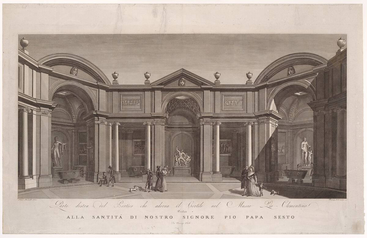 Right side of the portico in the courtyard of the Museo Pio-Clementino, from 'Veduta generale in prospettiva del cortile nel Museo Pio-Clementino', Vicenzo Feoli (Italian, Rome ca. 1760–1827 Rome), Etching and engraving 