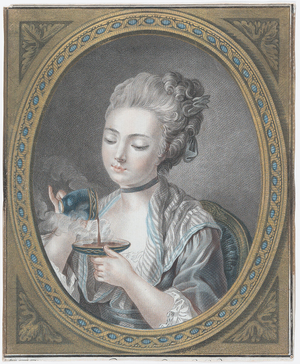 The Woman Taking Coffee, Louis Marin Bonnet (French, Paris 1736–1793 Saint-Mandé, Val-de-Marne), Pastel manner; printed in blue, red, carmine, purple, yellow, and black inks with applied gold leaf 