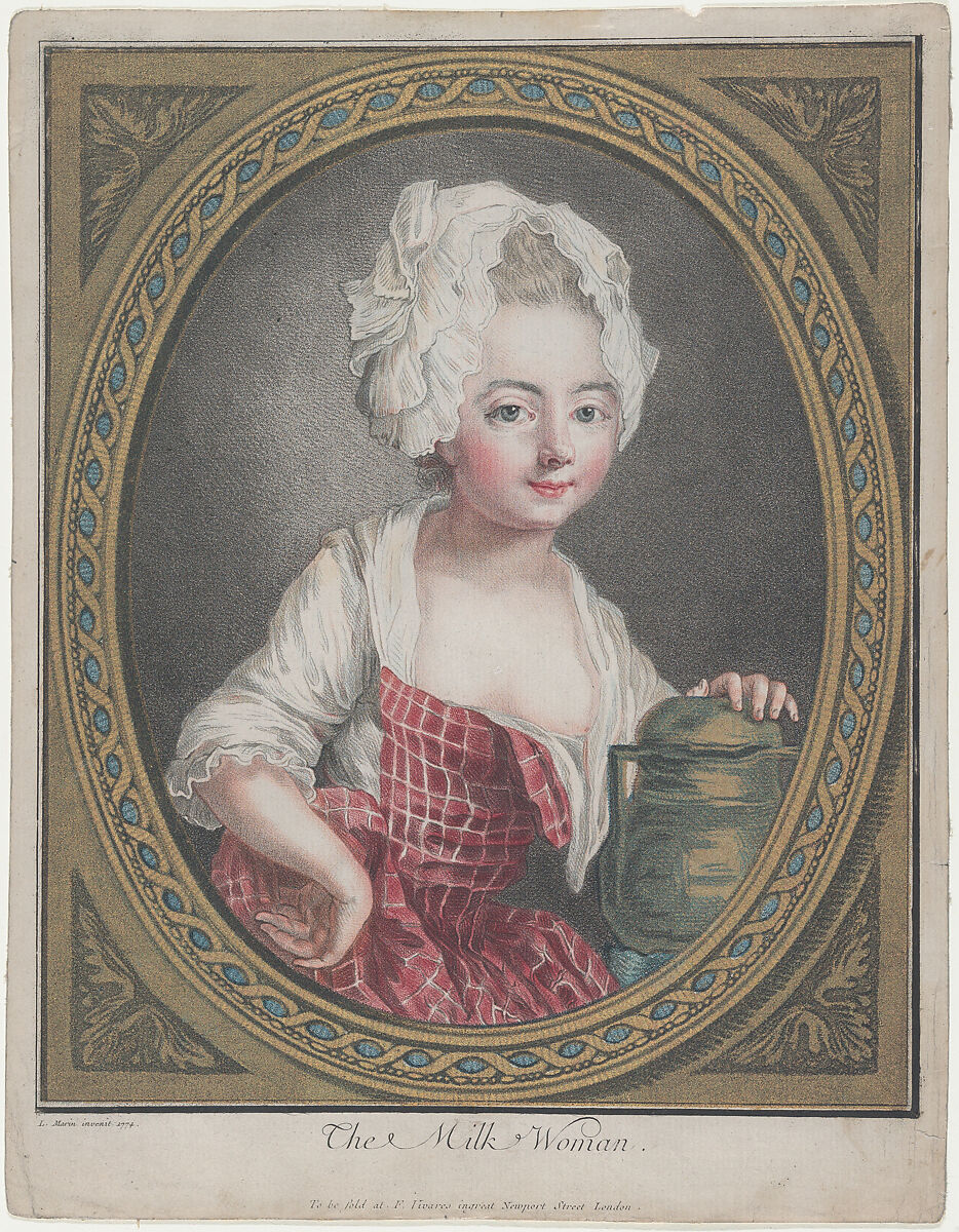 The Milk Woman, Louis Marin Bonnet (French, Paris 1736–1793 Saint-Mandé, Val-de-Marne), Pastel-manner; printed in red, blue, yellow, and black inks with two colors of applied gold leaf 