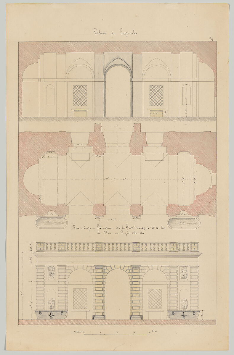 Grotto from the Gardens of the Farnese Palace at Caprarola, Preparatory Study for the 'Oeuvres Complètes de Jacques Barozzi de Vignole', François Debret (French, Paris 1777–1850 Saint-Cloud), Pen and black ink over graphite underdrawing, pink, gray and yellow watercolor 