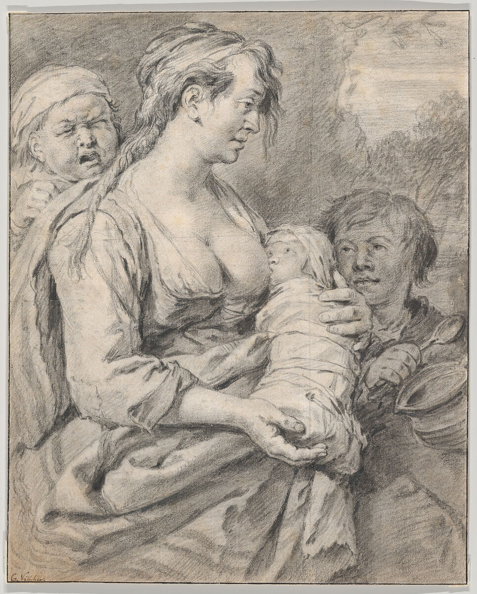 Roma Mother with Children, Cornelis Visscher (Dutch, Haarlem (?) 1628/29–1658 Amsterdam), Black chalk with brush and dark gray wash 