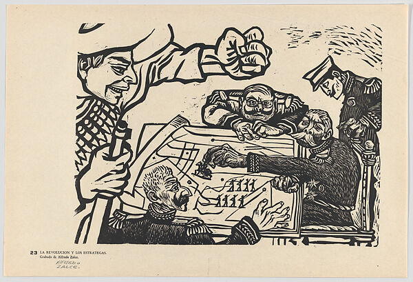 Plate 23: the strategists plotting to combat the revolution, from the portfolio 'Estampas de la revolución Mexicana' (prints of the Mexican Revolution), Alfredo Zalce (Mexican, Pátzcuaro, Michoacán 1908–2003 Morelia), Linocut 