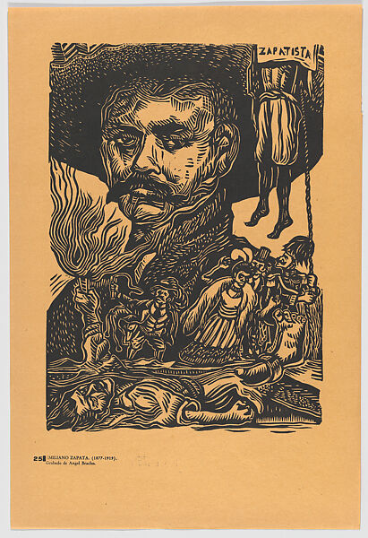 Plate 25: Emiliano Zapata, tortured and fallen figures in front of him, from the portfolio 'Estampas de la revolución Mexicana' (prints of the Mexican Revolution), Angel Bracho (Mexican, Mexico City 1911–2005), Linocut 