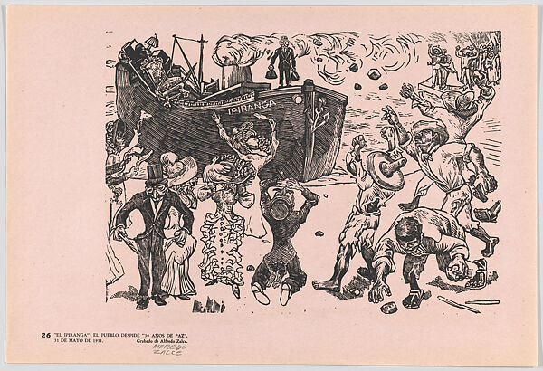 Plate 26: the dictator leaving Mexico on ship 'el piranga', with some figures waving goodbye to 30 years of peace and others throwing rocks, from the portfolio 'Estampas de la revolución Mexicana' (prints of the Mexican Revolution), Alfredo Zalce (Mexican, Pátzcuaro, Michoacán 1908–2003 Morelia), Linocut 