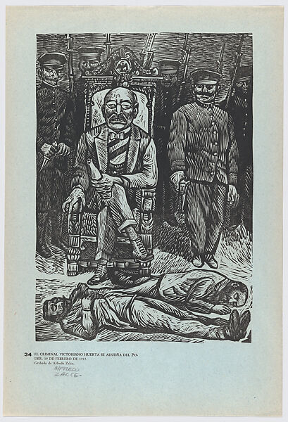 Plate 34: 'The criminal'  Victoriano Huerta installed as President sitting on chair with murdered men at his feet, from the portfolio 'Estampas de la revolución Mexicana' (prints of the Mexican Revolution), Alfredo Zalce (Mexican, Pátzcuaro, Michoacán 1908–2003 Morelia), Linocut 