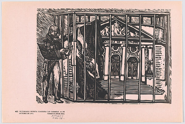 Plate 41: Victoriano Huerta closes the spring assemblies on 10 October 1913, from the portfolio 'Estampas de la revolución Mexicana' (prints of the Mexican Revolution), Alfredo Zalce (Mexican, Pátzcuaro, Michoacán 1908–2003 Morelia), Linocut 