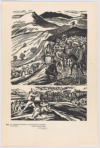 Plate 43: two scenes relating to the activities of the guerillas fighting against the regime Victoriano Huerta, from the portfolio 'Estampas de la revolución Mexicana' (prints of the Mexican Revolution), Alberto Beltrán (Mexican, Mexico City 1923–2002 Mexico City), Linocut 