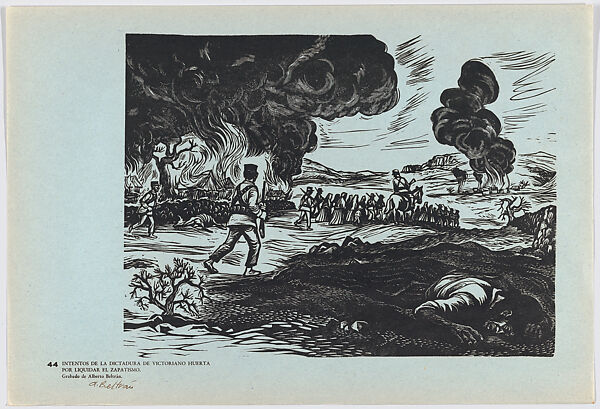Plate 44: soldiers from the regime of Victoriano Huerta herding those who supported Emiliano Zapata and burning their homes,  from the portfolio 'Estampas de la revolución Mexicana' (prints of the Mexican Revolution), Alberto Beltrán (Mexican, Mexico City 1923–2002 Mexico City), Linocut 