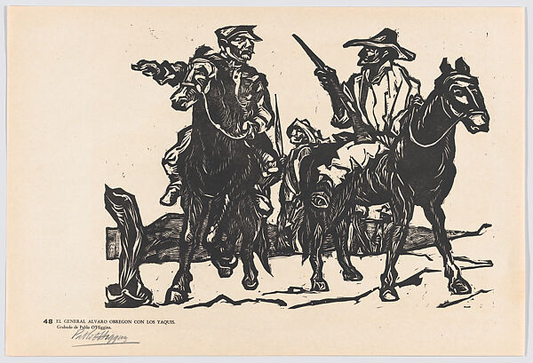 Plate 48: General Alvaro Obregon leader of the Constitutionalists on horse with the Yaqui indians, from the portfolio 'Estampas de la revolución Mexicana' (prints of the Mexican Revolution), Pablo Esteban O&#39;Higgins (American, Salt Lake City, Utah 1904–1983 Mexico City), Linocut 