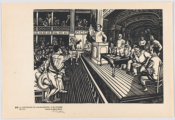 Plate 53: the Convention of Aguascalientes on 10 October  1914, from the portfolio 'Estampas de la revolución Mexicana' (prints of the Mexican Revolution), Alberto Beltrán (Mexican, Mexico City 1923–2002 Mexico City), Linocut 