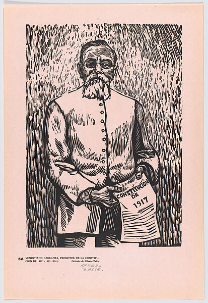 Plate 56: Venustiano Carranza holding a copy of the 1917 constitution, from the portfolio 'Estampas de la revolución Mexicana' (prints of the Mexican Revolution), Alfredo Zalce (Mexican, Pátzcuaro, Michoacán 1908–2003 Morelia), Linocut 