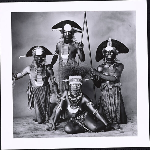 Woman with Three Tribesmen, New Guinea, Irving Penn (American, Plainfield, New Jersey 1917–2009 New York), Gelatin silver print 