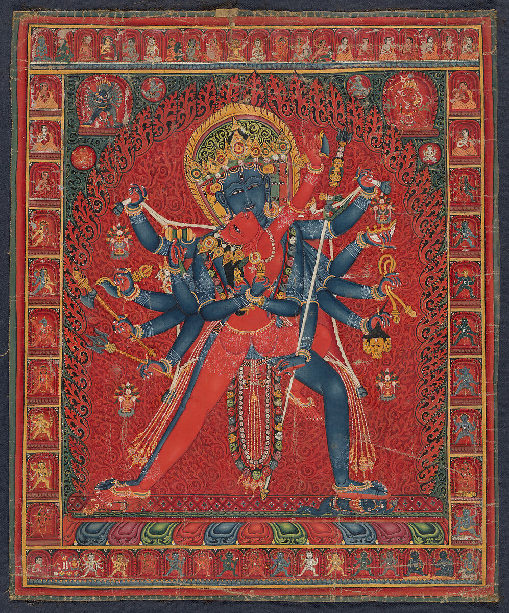 Chakrasamvara and consort Vajravarahi, Distemper on cotton cloth, Central Tibet 