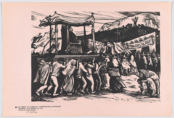 Plate 61: the apostolic representative being carried on  sedan to the monument of Christ the King, the beginning of the Cristero agitation, from the portfolio 'Estampas de la revolución Mexicana' (prints of the Mexican Revolution), Alberto Beltrán (Mexican, Mexico City 1923–2002 Mexico City), Linocut 