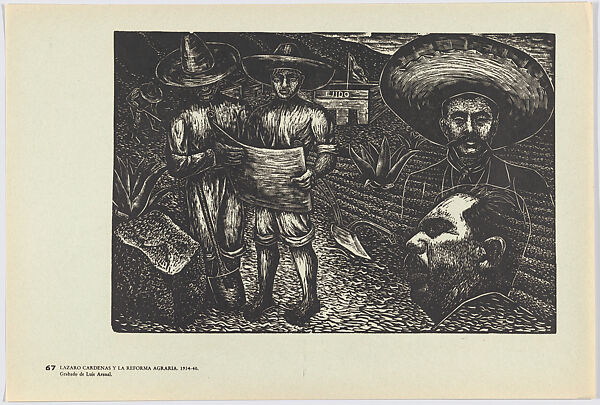 Plate 67: Lázaro Cárdenas with a farmer looking at plan for agraian reform, from the portfolio 'Estampas de la revolución Mexicana' (prints of the Mexican Revolution), Luis Arenal (Mexican, 1907–1985), Linocut 