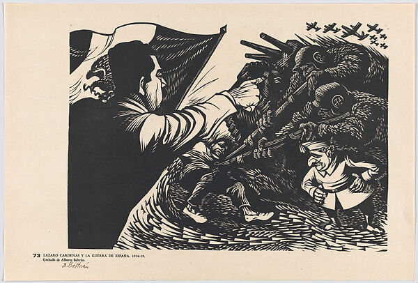 Plate 73: Lázaro Cárdenas at left holding the Mexican flag confronting the Franco's fascist troops during the Spanish Civil War (1936-39), from the portfolio 'Estampas de la revolución Mexicana' (prints of the Mexican Revolution), Alberto Beltrán (Mexican, Mexico City 1923–2002 Mexico City), Linocut 