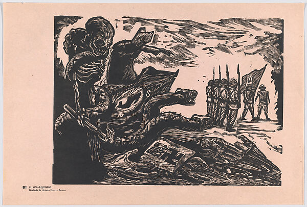 Plate 81: The synarchists, scene with soldiers relating to the National Synarchist Union, from the portfolio 'Estampas de la revolución Mexicana' (prints of the Mexican Revolution), Arturo García Bustos (Mexican, Mexico City 1926–2017), Linocut 