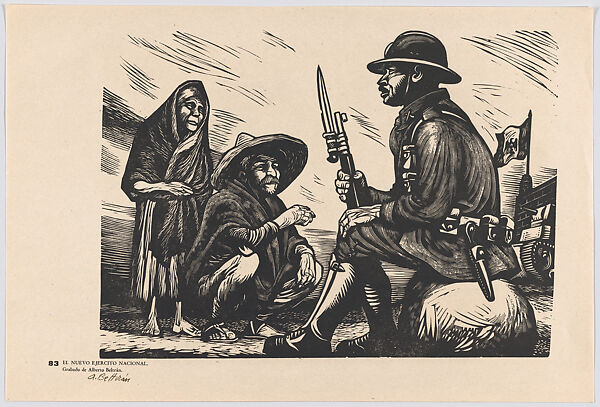 Plate 83: the new Mexican army, a soldier listening to people from the land, from the portfolio 'Estampas de la revolución Mexicana' (prints of the Mexican Revolution), Alberto Beltrán (Mexican, Mexico City 1923–2002 Mexico City), Linocut 