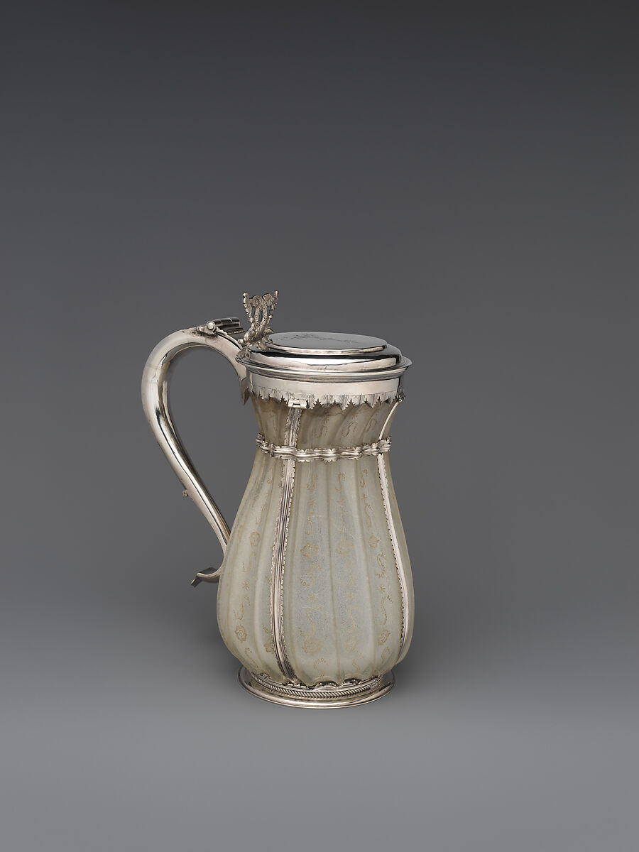 Tankard, Engraved glass; silver mounts, British mounts with British or Dutch glassware 