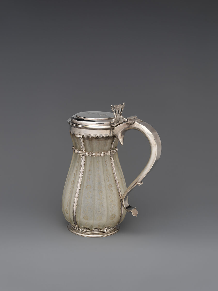 Tankard, Engraved glass; silver mounts, British mounts with British or Dutch glassware