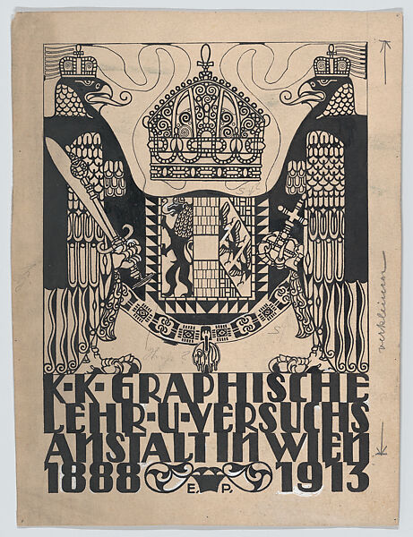 Design for a cover or title page for the 25th anniversary publication of the Viennese Graphic Design School (1888-1913), Erwin Puchinger (Austrian, Vienna 1875–1944 Vienna), Black gouache over graphite underdrawing, corrections in white gouache and editorial notes in graphite 