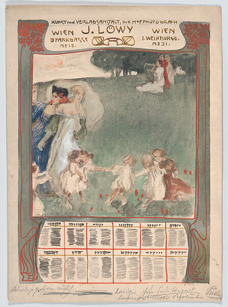 Design for a poster of calendar for J. Löwy, Vienna, Erwin Puchinger (Austrian, Vienna 1875–1944 Vienna), Watercolor and gouache over graphite underdrawing, editorial notes in graphite 