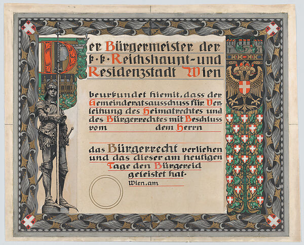Design for a certificate of citizenship, awarded by the city of Vienna, Erwin Puchinger (Austrian, Vienna 1875–1944 Vienna), Gouache over graphite underdrawing, text separate on adhered sheet 