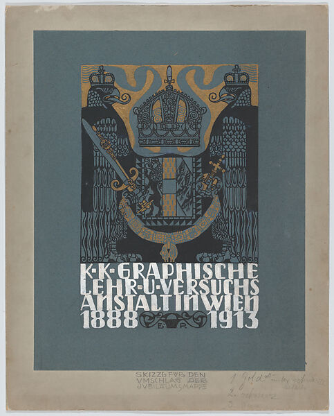 Design for the cover of the 25th anniversary publication of the Viennese Graphic Design School (1888-1913), Erwin Puchinger (Austrian, Vienna 1875–1944 Vienna), Black and white gouache with gold paint over graphite underdrawing, on blue paper 