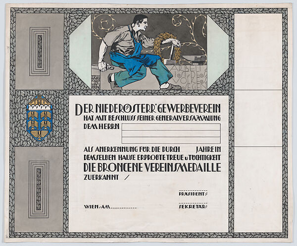 Design for a certificate of citizenship, awarded by the city of Vienna, Erwin Puchinger (Austrian, Vienna 1875–1944 Vienna), Watercolor, gouache, crayon, gold paint and silverpoint over graphite underdrawing 