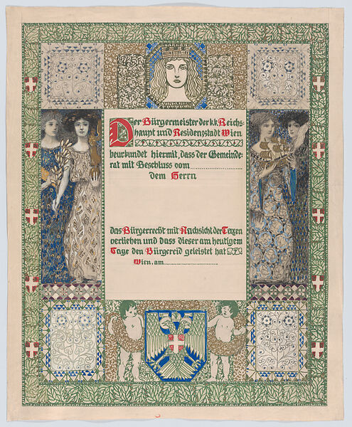 Design for a certificate of citizenship, awarded by the city of Vienna, Erwin Puchinger (Austrian, Vienna 1875–1944 Vienna), Watercolor, gouache gold paint and black pen and ink outline over graphite underdrawing 
