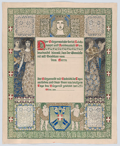 Design for a certificate of citizenship, awarded by the city of Vienna