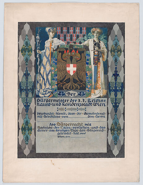 Design for a certificate to accompany the award of a bronze medal for years of dedication to a single employer, awarded by the Guilds Society of Lower Austria, Erwin Puchinger (Austrian, Vienna 1875–1944 Vienna), Gouache and watercolor over graphite underdrawing 