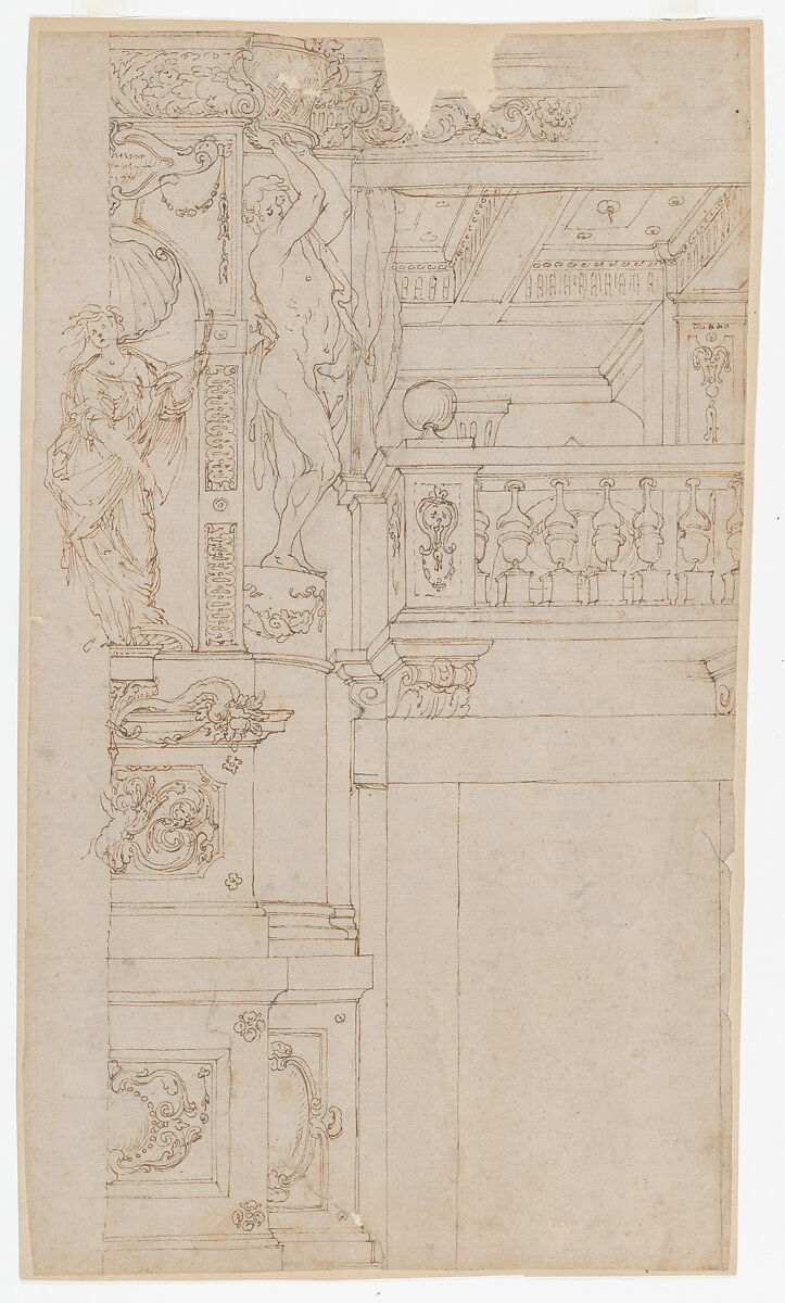 Studies for the trompe-l’oeil decorations of Palazzo Ducale (Palazzo Pitti), Florence, Agostino (Stanzani) Mitelli (Italian, Battidizzo (Bologna) 1609–1660 Madrid), Pen and brown ink over black chalk, some with watercolor 