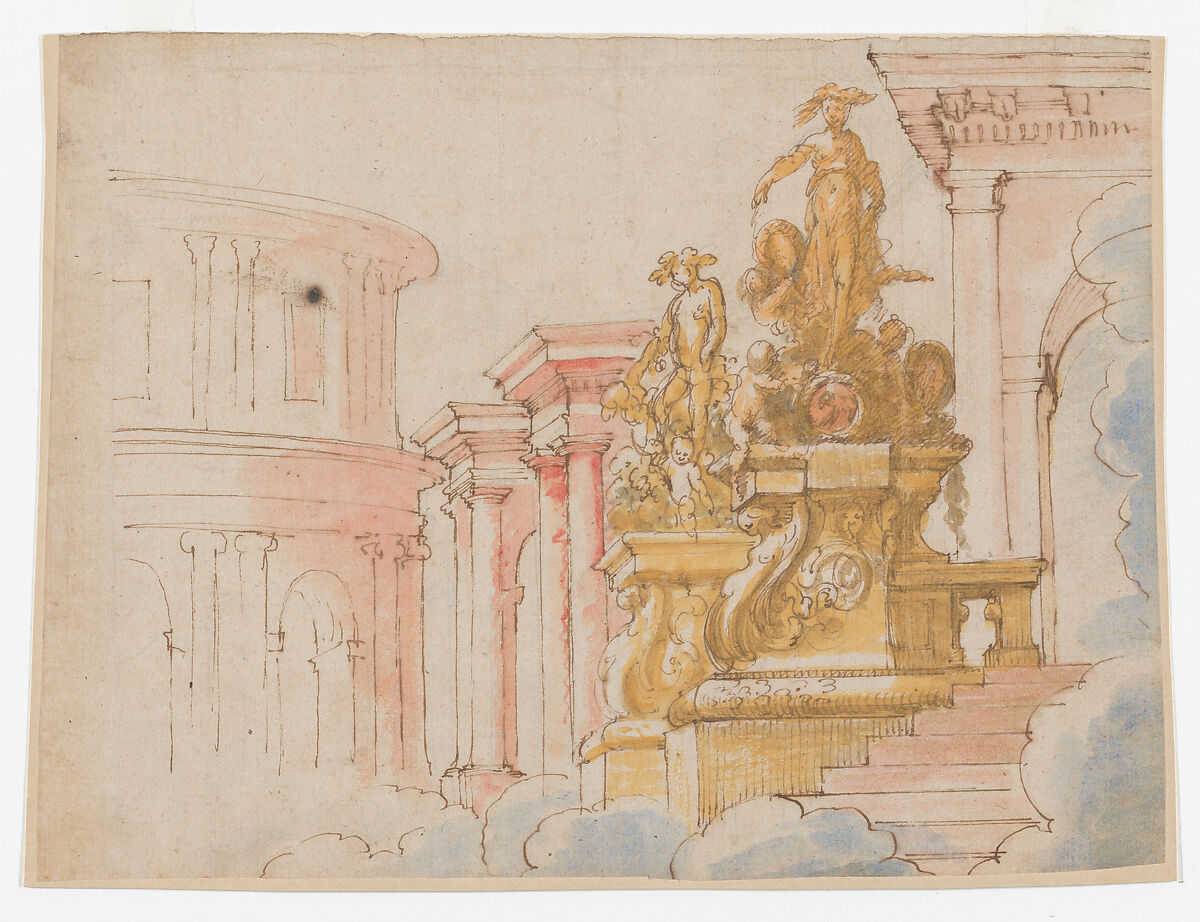 Studies for the trompe-l’oeil decorations of Palazzo Ducale (Palazzo Pitti), Florence, Agostino (Stanzani) Mitelli (Italian, Battidizzo (Bologna) 1609–1660 Madrid), Pen and brown ink over black chalk, some with watercolor