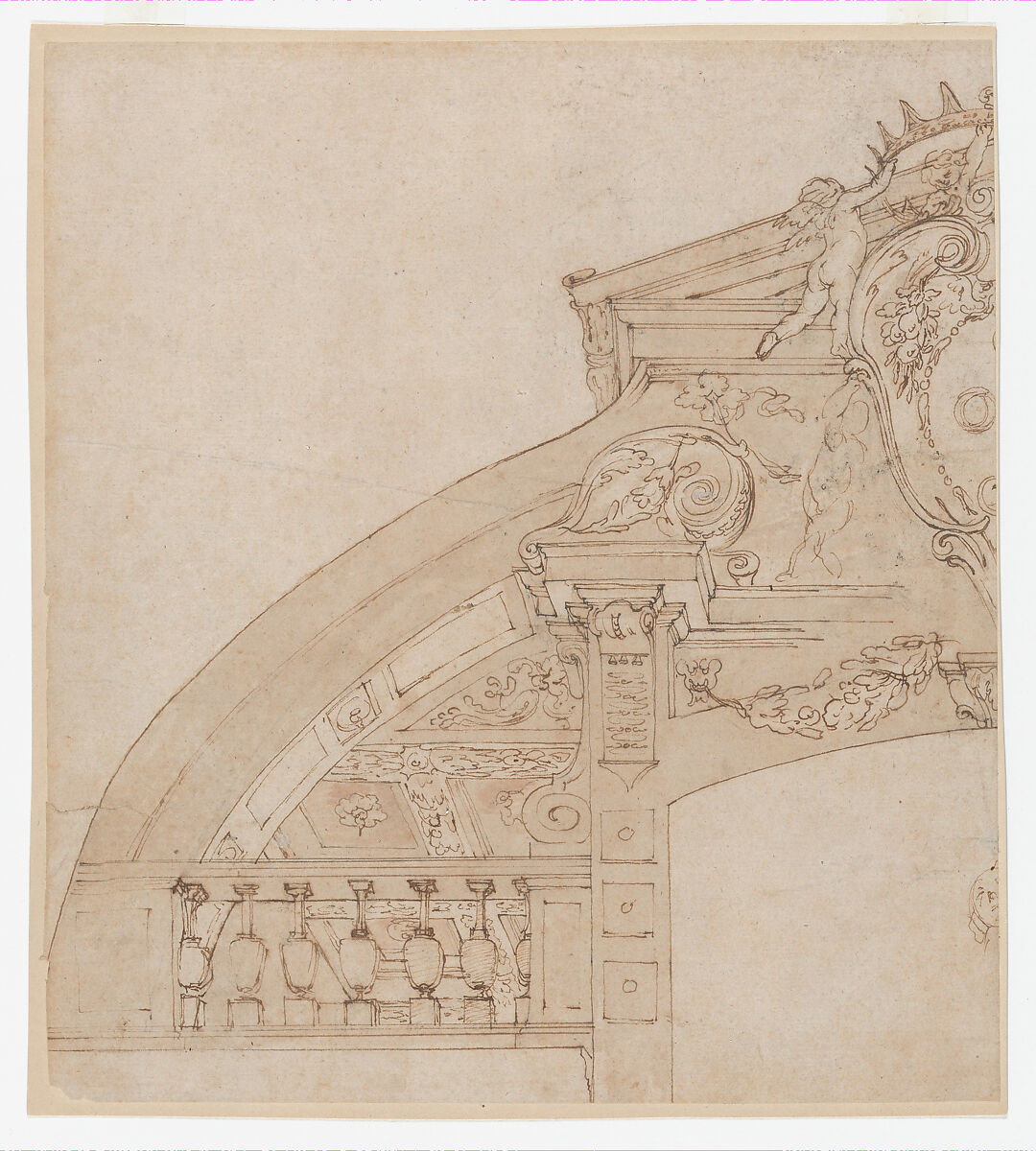Studies for the trompe-l’oeil decorations of Palazzo Ducale (Palazzo Pitti), Florence, Agostino (Stanzani) Mitelli (Italian, Battidizzo (Bologna) 1609–1660 Madrid), Pen and brown ink over black chalk, some with watercolor