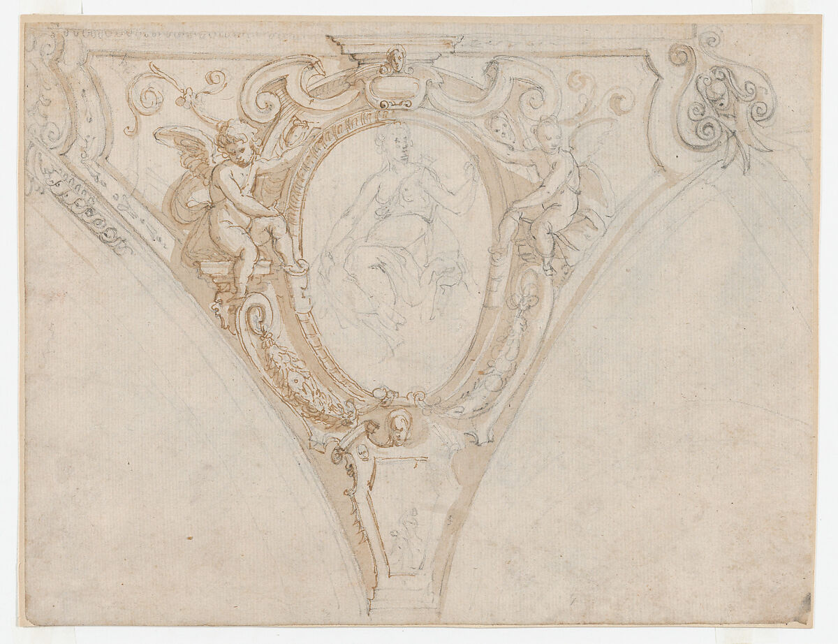 Studies for the trompe-l’oeil decorations of Palazzo Ducale (Palazzo Pitti), Florence, Agostino (Stanzani) Mitelli (Italian, Battidizzo (Bologna) 1609–1660 Madrid), Pen and brown ink over black chalk, some with watercolor