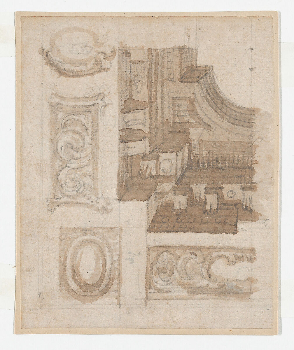 Studies for the trompe-l’oeil decorations of Palazzo Ducale (Palazzo Pitti), Florence, Agostino (Stanzani) Mitelli (Italian, Battidizzo (Bologna) 1609–1660 Madrid), Pen and brown ink over black chalk, some with watercolor