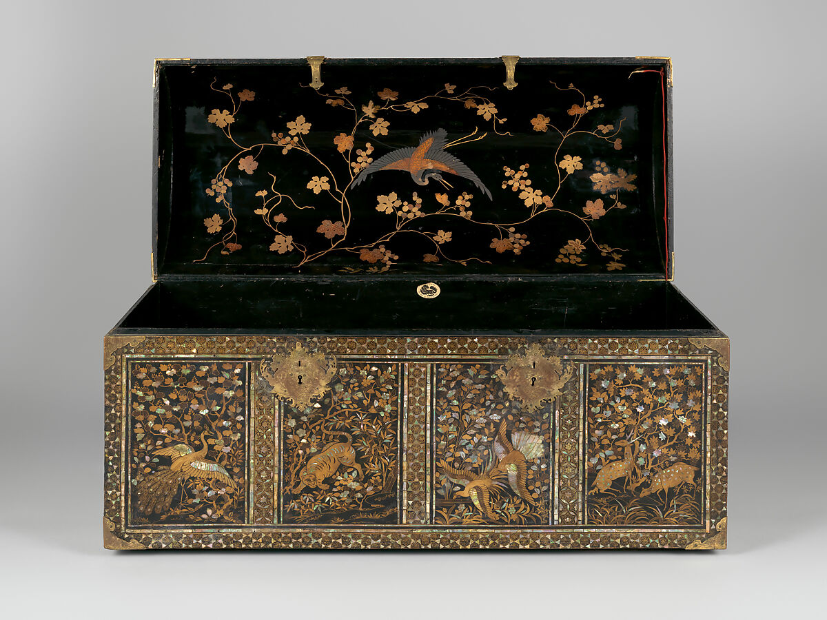 Nanban Coffer with Animals and Landscapes, Lacquered wood with gold and silver hiramaki-e and mother-of-pearl inlay, Japan