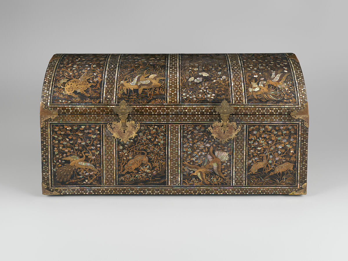 Nanban Coffer with Animals and Landscapes, Lacquered wood with gold and silver hiramaki-e and mother-of-pearl inlay, Japan