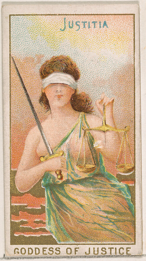 Justitia, Goddess of Justice, from the Goddesses of the Greeks and Romans series (N188) issued by Wm. S. Kimball & Co., Issued by William S. Kimball &amp; Company, Commercial color lithograph 