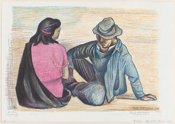 A man and woman seated together on the ground, Pablo Esteban O&#39;Higgins (American, Salt Lake City, Utah 1904–1983 Mexico City), Colour (offset) lithograph 