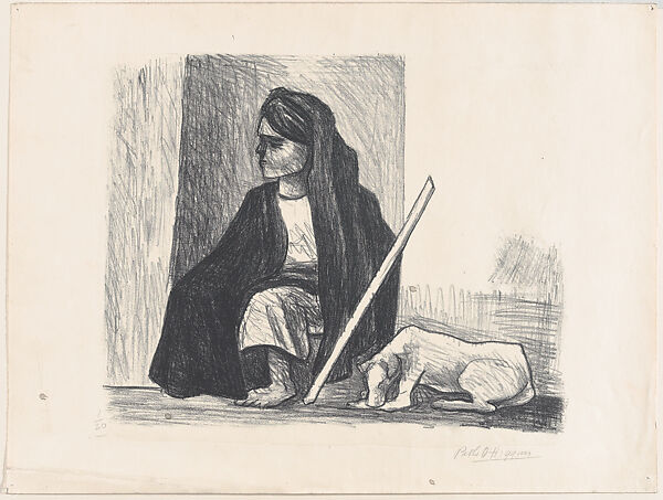 An indigenous woman seated on the ground, her dog alongside