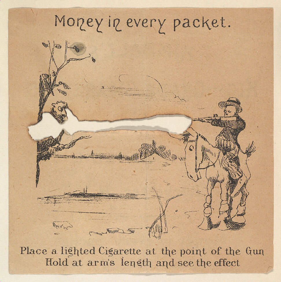 Boy on horse shooting rifle at owl, from the Comic Powder Novelties series (N200) issued by Wm. S. Kimball & Co., Issued by William S. Kimball &amp; Company, Commercial lithograph 