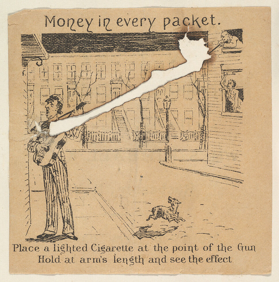 Man in upstairs window pointing rifle at guitarist on street, from the Comic Powder Novelties series (N200) issued by Wm. S. Kimball & Co., Issued by William S. Kimball &amp; Company, Commercial lithograph 