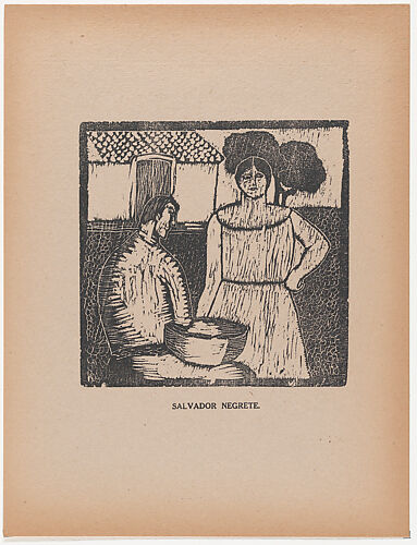 A seated man and a standing woman in front of a building, from the portfolio 'Los pequeños grabadores en madera, alumnos de la Escuela Preparatoria de Jalisco' (Guadalajara, Mexico 1925).